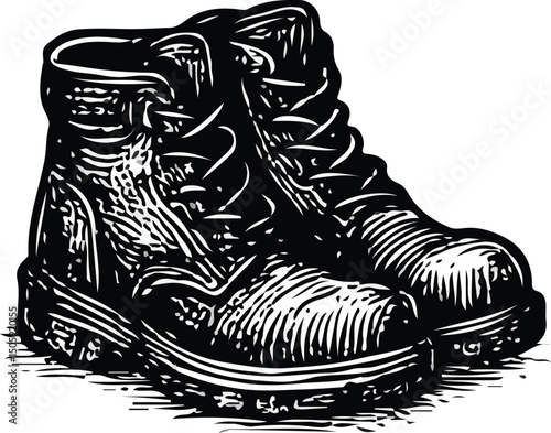 Black-and-white detailed line drawing of various footwear styles including sneakers, sandals, boots, and dress shoes, showcasing diverse shoe designs for fashion and casual wear