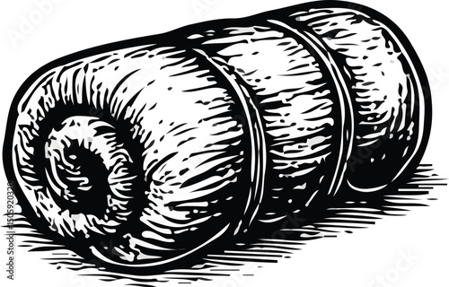 Black and white detailed illustration of a rolled-up sleeping bag or camping bedroll, showcasing texture and shading, perfect for outdoor, camping, hiking, and adventure themes