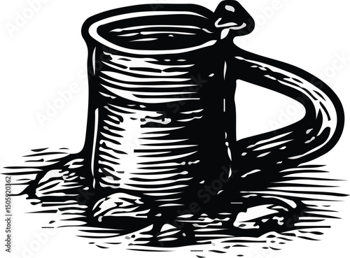 Black-and-white vintage-style hand-drawn illustration of a mug with a handle, placed on a surface, with liquid inside. Ideal for themes of coffee, tea, beverages, and rustic kitchenware