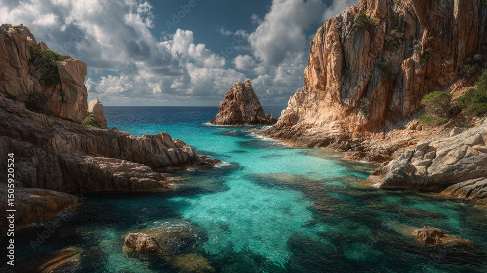 Obraz premium A beautiful turquoise cove surrounded by rocky cliffs and a blue sky with fluffy white clouds above