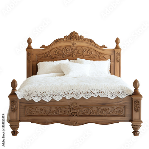 Wooden Bed with White Lace Linens and Pillows  on Transparent Background