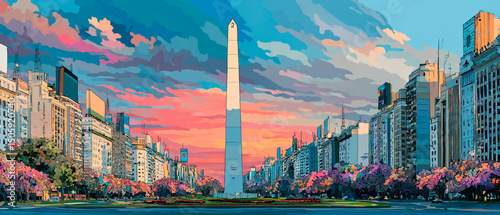 The Obelisk at 9 of July Avenue in Buenos Aires, Argentina