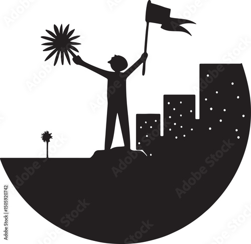 Reaching For Success: A motivational silhouette illustration depicts a person triumphant on a peak, holding a flag high, symbolizing achievement and ambition. 