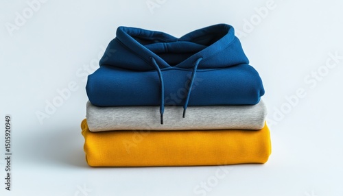 A stack of folded clothing featuring a blue hoodie a gray sweater and a yellow shirt on a white background