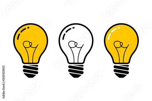 Two illuminated and one outline lightbulb