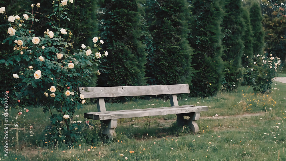 Fototapeta premium Solitary bench in a rose garden