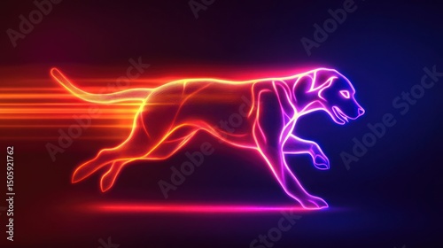 Neon dog running with speed lines in red and blue colors on a dark background, futuristic design
