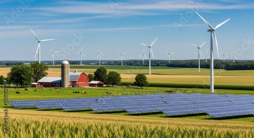 Sprawling Farm with Vast Corn and Wheat Fields Under a Bright Blue Sky, Towering Wind Turbines, Elevated Solar Panels, Red Barn, Classic Silo, Lush Pastures, Grazing Cows, and a Balance of Tradition a