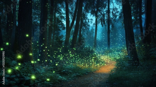A mystical forest path illuminated by glowing fireflies at twilight with tall trees around the trail