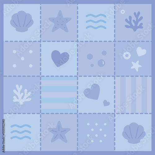 Seamless vector marine patchwork pattern in soft purple tones. Includes shells, corals, waves, bubbles, and hearts. Perfect for kids’ products, textiles, scrapbooking, summer-themed designs, packages