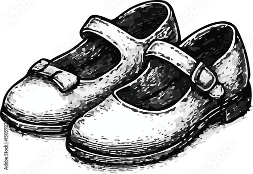 Black-and-white detailed line drawing of a pair of classic Mary Jane shoes with rounded toes, buckled straps, and low heels, showcasing vintage feminine footwear style and texture