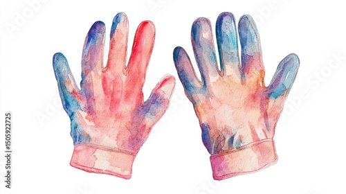 Watercolor depiction of two gloves with vibrant shades of pink blue and purple on a white background