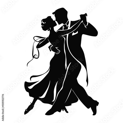 A black silhouette illustration shows a dancing tango couple, a woman in a dress and a man, embodying romance and the art of ballroom dance