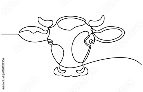 Cow head in continuous line art drawing style. Horned cow portrait minimalist black linear sketch isolated on white background. Vector illustration