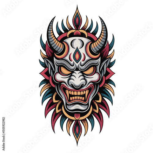  tattoo design vector art illustration shows a tribal  face, a kingly symbol with a fiery, ornamental, and slightly gothic mask