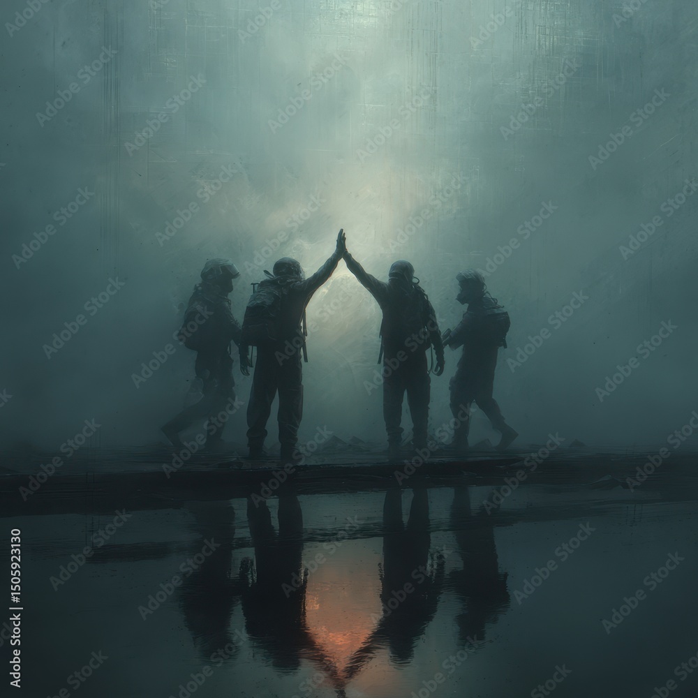 Obraz premium Resilient Teamwork: Silhouetted figures, unity, and hope. High five in a misty environment symbolizes perseverance and collaboration.