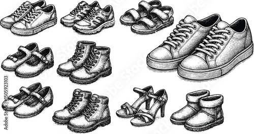Black-and-white line drawing featuring a variety of footwear styles including sneakers, sandals, boots, dress shoes, and casual shoes, showcasing diverse shoe designs in a detailed sketch