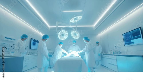In a modern operating room environment, a sterile and professional surgical team is preparing. 