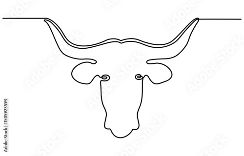 Cow head in continuous line art drawing style. Horned cow portrait minimalist black linear sketch isolated on white background. Vector illustration