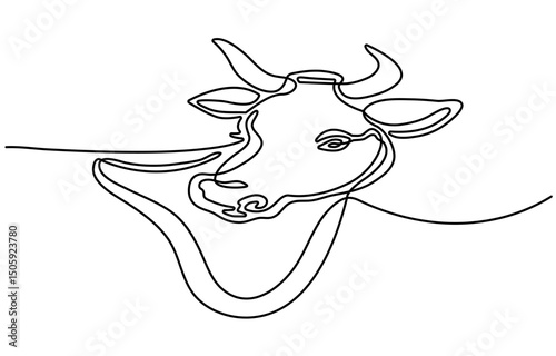 Cow head in continuous line art drawing style. Horned cow portrait minimalist black linear sketch isolated on white background. Vector illustration
