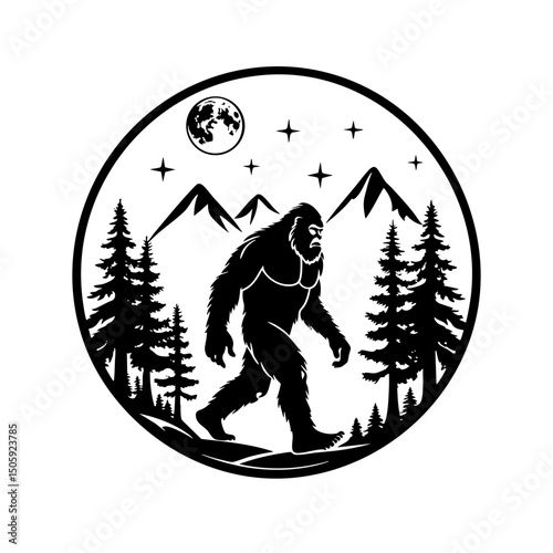 Bigfoot SVG Vector Silhouette in Forest and Mountain Scene