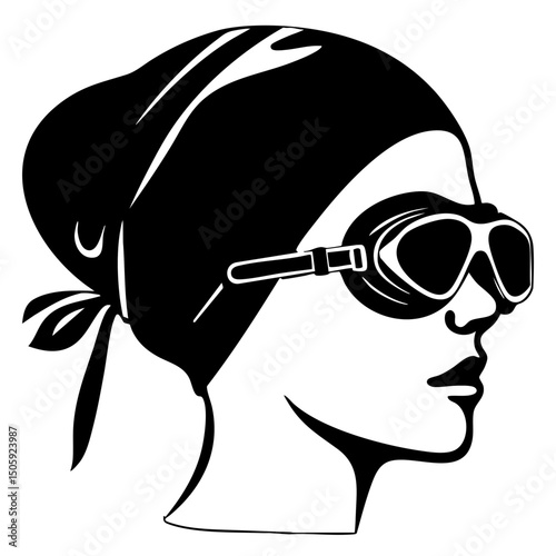 Woman with Swimming Cap and Goggles Black SVG Vector Outline