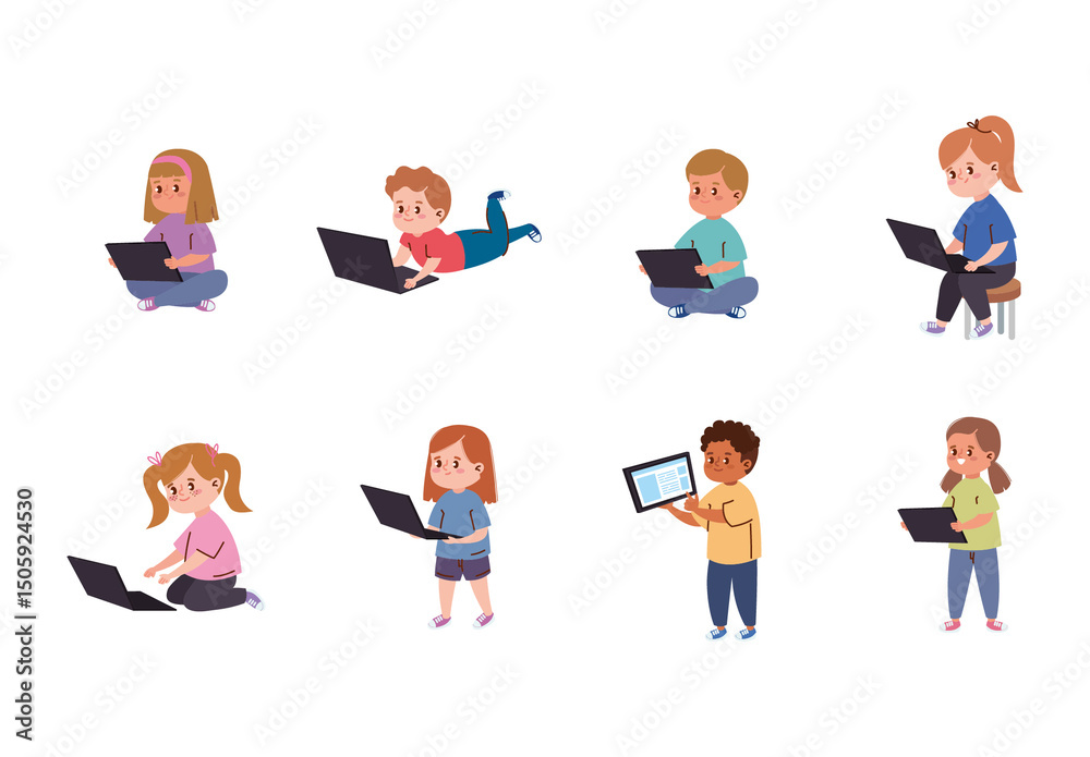 Colorful Kids Using Electronic Devices Children Technology Learning ...