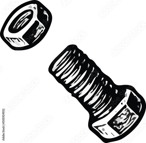 Black and white hand-drawn illustration of a bolt with a nut, showcasing detailed textures and shading, symbolizing hardware, construction, fastening, and mechanical engineering