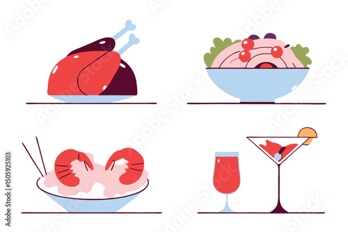 Colorful illustrated cuisine elements: roasted chicken salad shrimp and cocktails for a dinner