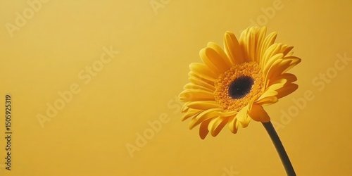 Close-up of vibrant yellow gerbera daisy on matching yellow background. Minimalist floral composition with copy space. Bright, sunny mood. Perfect for nature, wellness, or beauty themes. Banner