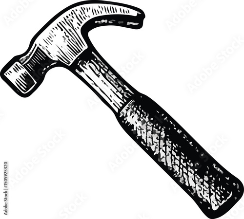 Black and white hand-drawn illustration of a hammer with a wooden handle and metal head, a classic hand tool used for driving nails and general construction work