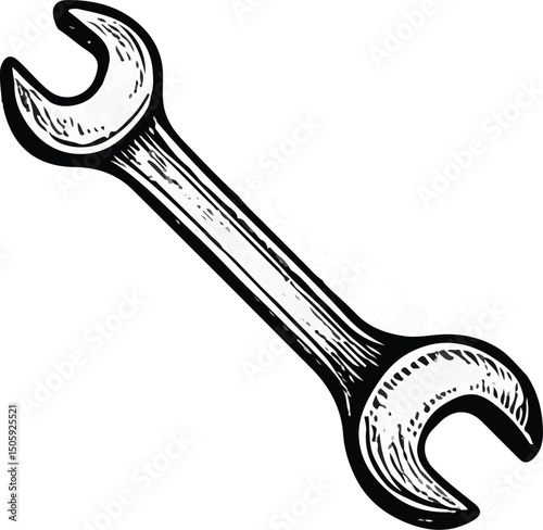Black and white hand-drawn illustration of a wrench with open-ended jaws, used for gripping and turning nuts and bolts in mechanical and industrial applications
