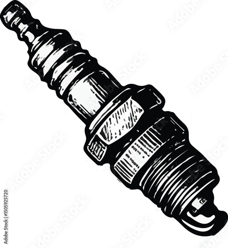 Black and white hand-drawn illustration of a spark plug with detailed textures, representing automotive parts, engine components, ignition system, mechanical engineering, and repair tools
