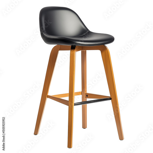 Modern Bar Stool with Black Leather Seat and Wooden Legs on Transparent Background