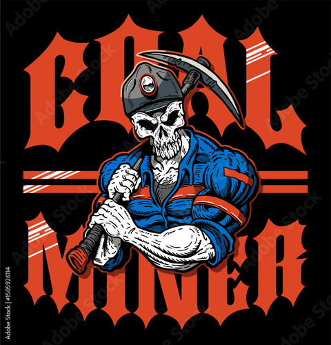 muscular grim reaper coal miner mascot design for screen printing and stickers
