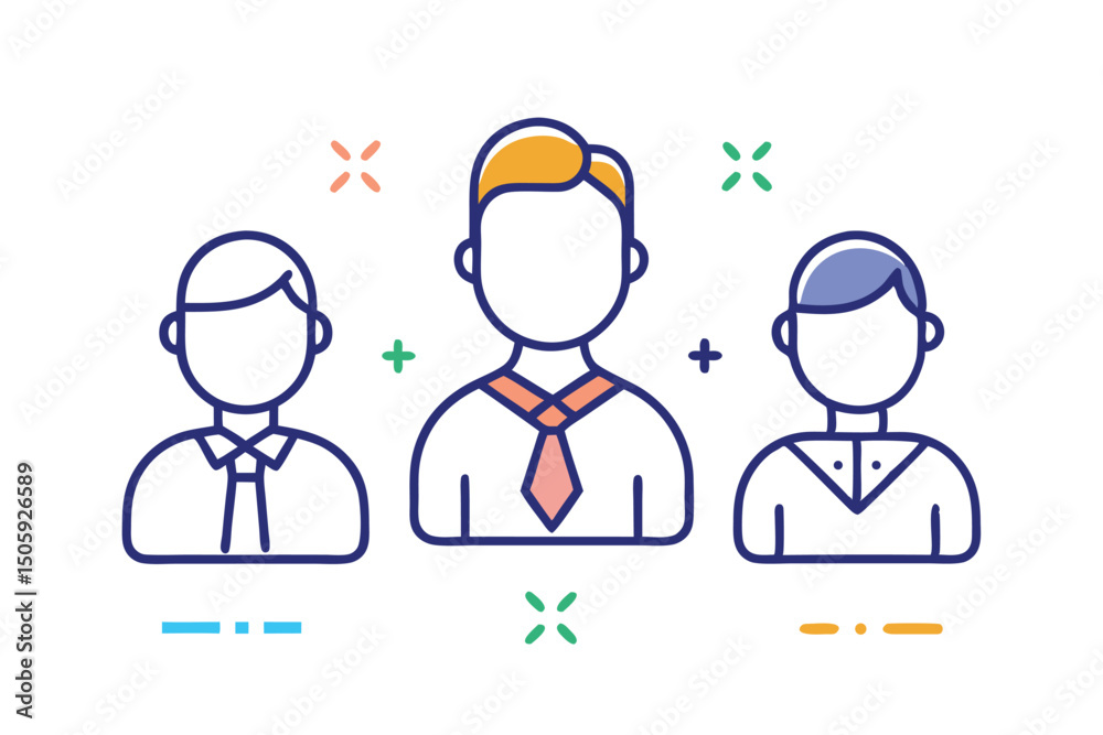 Teamwork and Collaboration Three Business Professionals in a Modern Line Art Style Teamwork and Collaboration Three Business Professionals in a Modern Line Art Style