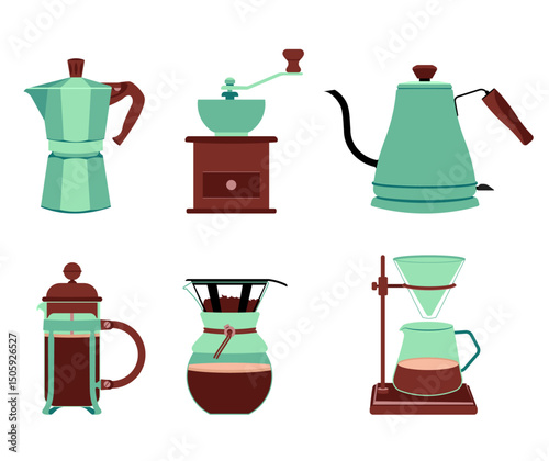 Coffee appliances in a flat vector style in turquoise and brown colors. Drip, filter coffee, kettle, French press, grinder, Chemex filter