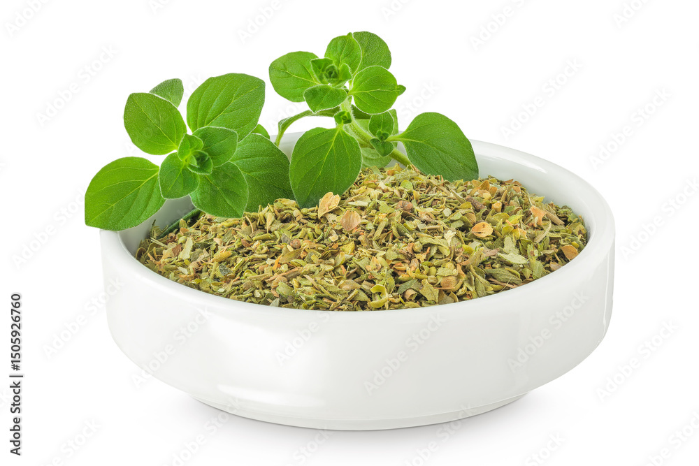 Oregano or marjoram leaves fresh and dry in ceramic bowl isolated on white background. Top view. Flat lay. Oregano or marjoram leaves fresh and dry in ceramic bowl isolated on white background. Top view. Flat lay.