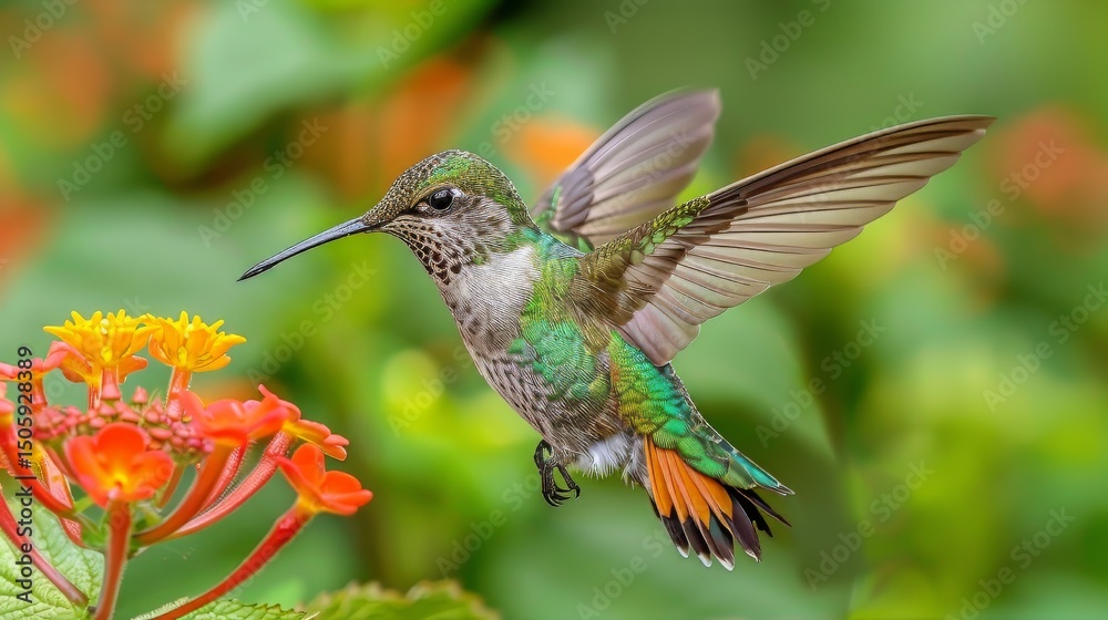 Fototapeta premium A vibrant hummingbird hovering delicately over a bloom, its wings a blur of motion, with the background softly out of focus to emphasize the vivid colors and minute details of its feathers.