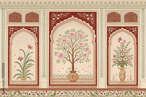Intricate floral murals display traditional Indian art in decorated arches and panels for detailed elegance