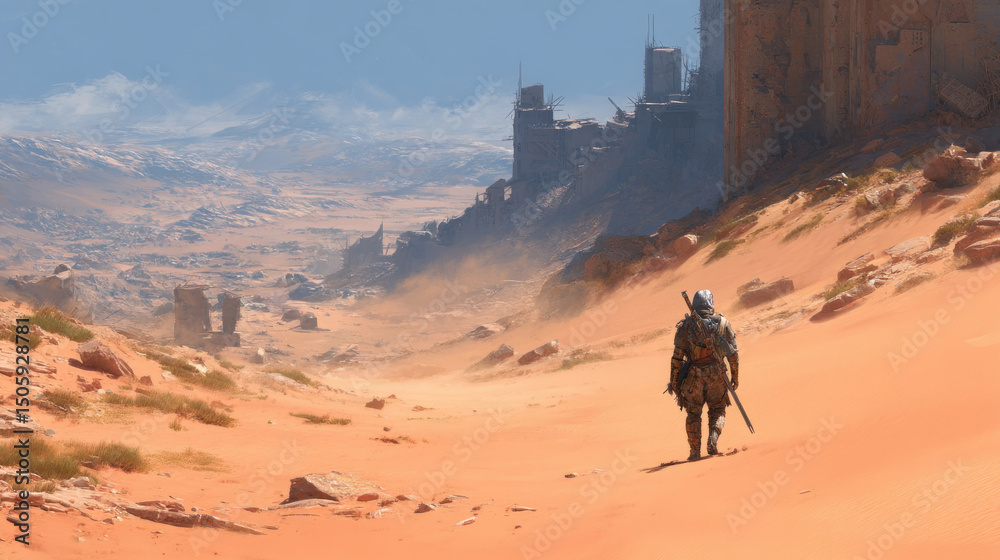 Fototapeta premium A lone fighter survives in a ruined desert world.