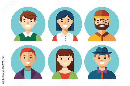 Diverse Group of People in Flat Style Avatar Icons on Blue Background