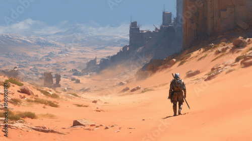 A lone fighter survives in a ruined desert world.