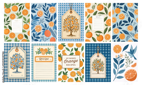 Orange Fruit Illustration Set: Recipe Cards, Tags & Patterns