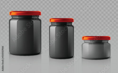 Three realistic black glass jars with orange lids in varying sizes. Ideal for product packaging mockups, food, cosmetic, or supplement branding designs.