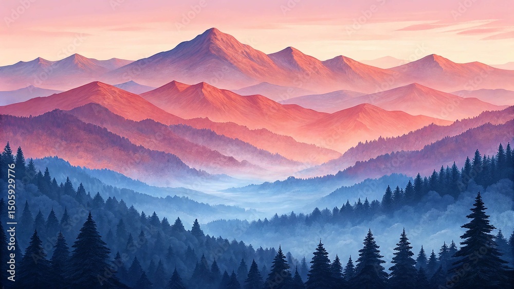Obraz premium Misty mountain ranges cascade gently under pastel skies with deep evergreen forests below a serene scene