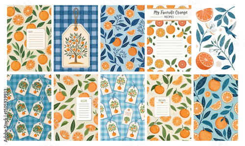 Botanical Orange Illustrations: Recipe Cards, Tags, and Seamless Patterns