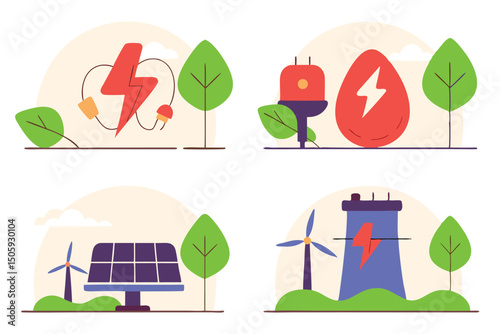 Colorful illustrations showcasing various renewable energy sources and sustainable power generation