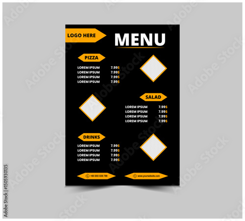 Menu Fast Food Flyer Template Design With Pizza Drinks And Salad Vector Illustration