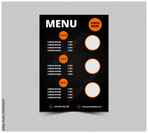 Menu Fast Food Flyer Template Design With Steak Pizza And Soup Vector Illustration